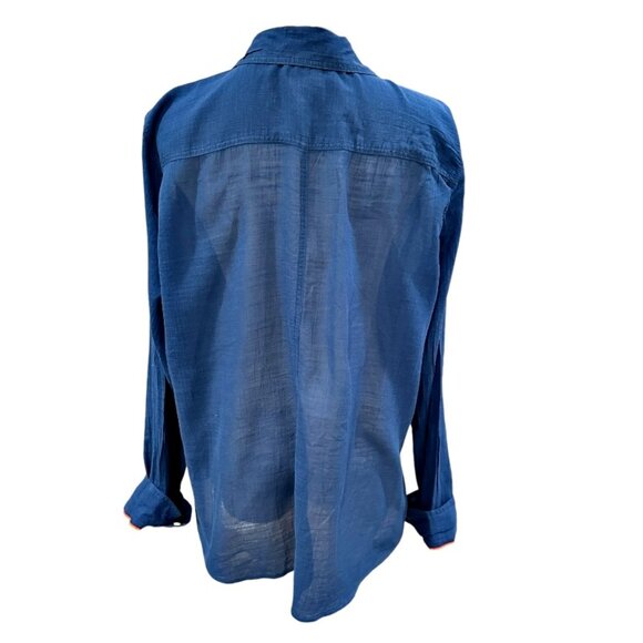 Stylus Semi Sheer Button Down Shirt Size XL Blue Orange Trim Cotton Long Sleeve - Picture 7 of 12